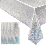 4 pcs Silver Holographic Tablecloths Shiny Disco Laser Table Cloths 40 x 108 Iridescence Plastic White Table Cover for Birthday 