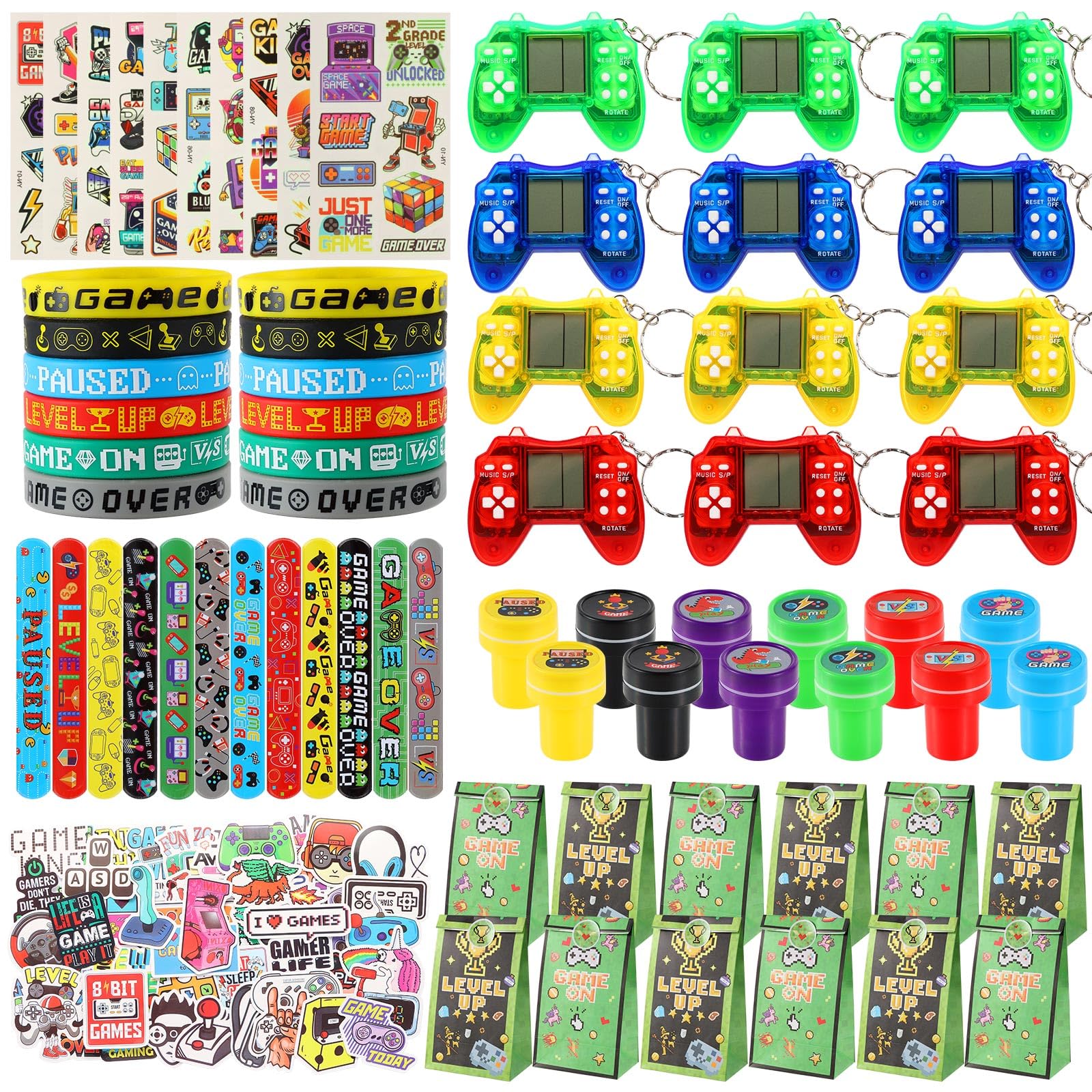 LiYiQ 122 Pcs Video Game Party Favors With Video Game Keychains Slap Bracelets Temporary Tattoos Silicone Wristband Gift Tags St
