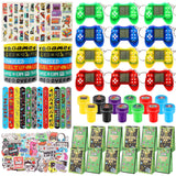 LiYiQ 122 Pcs Video Game Party Favors With Video Game Keychains Slap Bracelets Temporary Tattoos Silicone Wristband Gift Tags St