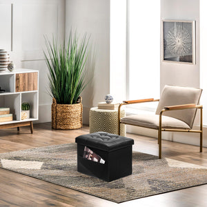 AmasSmile Folding Storage Ottoman Foot Rest Stool with Side Pocket, 16 inches Leather Footstool Bench, Short Ottoman Bench, Stor