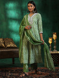 Libas Womens Printed Cotton Straight Kurta With Trousers And Dupatta Green L 48889
