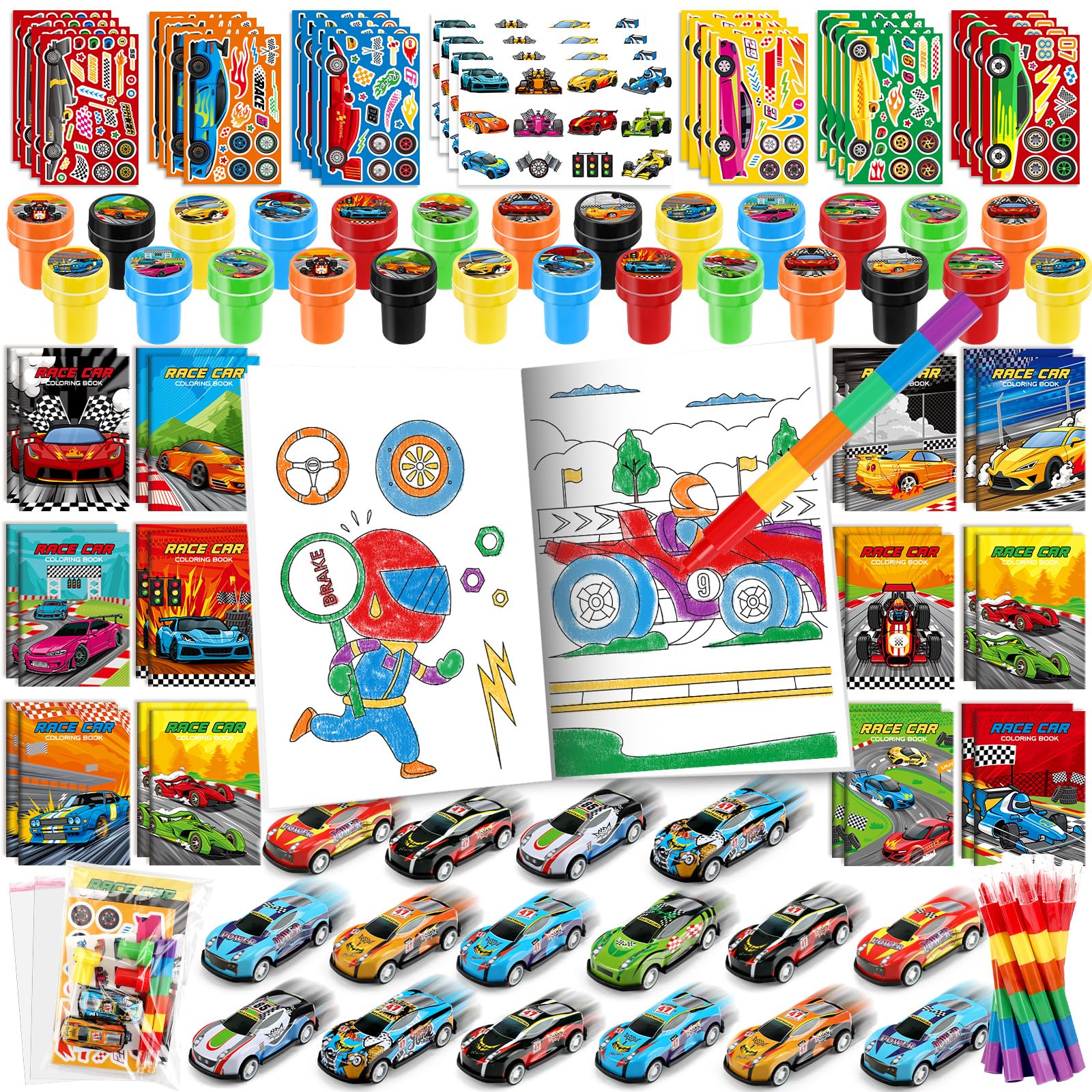 BenLouis 84Pcs Race Car Party Favors Racing Theme Coloring Books Crayons Sticker Set Bulk for Kids Fast Racecar Wheels Birthday 