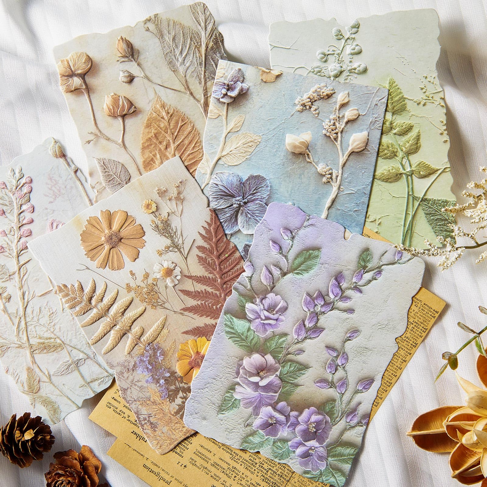 Humyoun 138 Pcs Scrapbook Paper Kit 6 Fresh Floral Styles Embossed Rice Paper Pad for Decoupage Art Crafts Journal Photo Album G