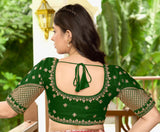 Pujia Mills Women'S Readymade Blouse Multi Golden Codding Sequence Embroidery Work Indian Ethnic Designer Stitched Readymade Saree Half Sleeve Green Blouse For Women For Saree Lehenga Choli Green 36