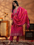 Libas Womens Printed Silk Blend Straight Kurta With Trousers And Dupatta Pink S 27889