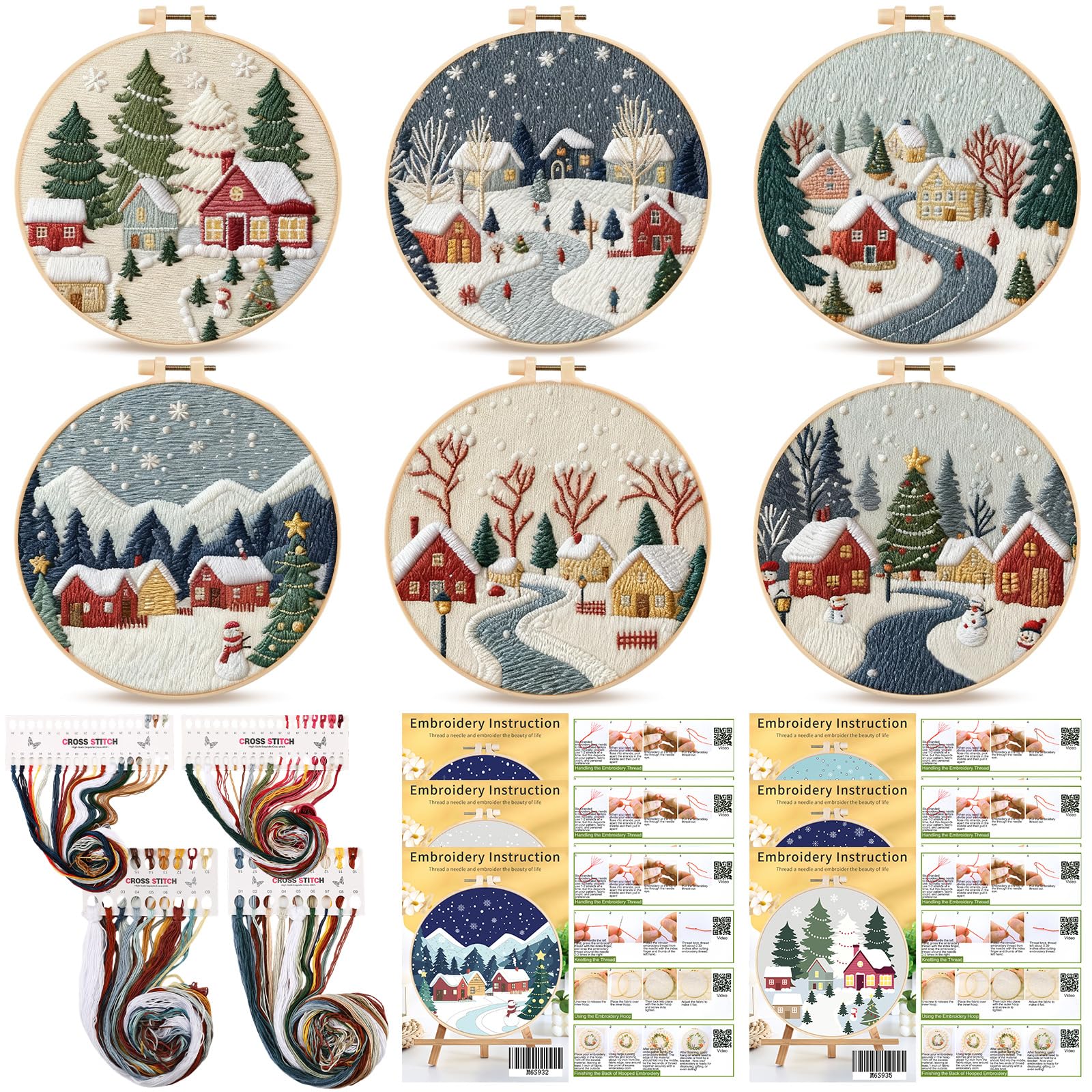 Peryiter 6 Sets Christmas Embroidery Kit for Beginners Including 6 Pcs Embroidery Hoop Winter Scene Snow Cross DIY Needlepoint K