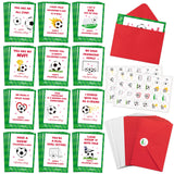 TICIAGA 48 Set Valentines Day Football Greeting Cards with Envelop Green Heart Soccer Notecard Sticker for Kids Sport Theme Exc