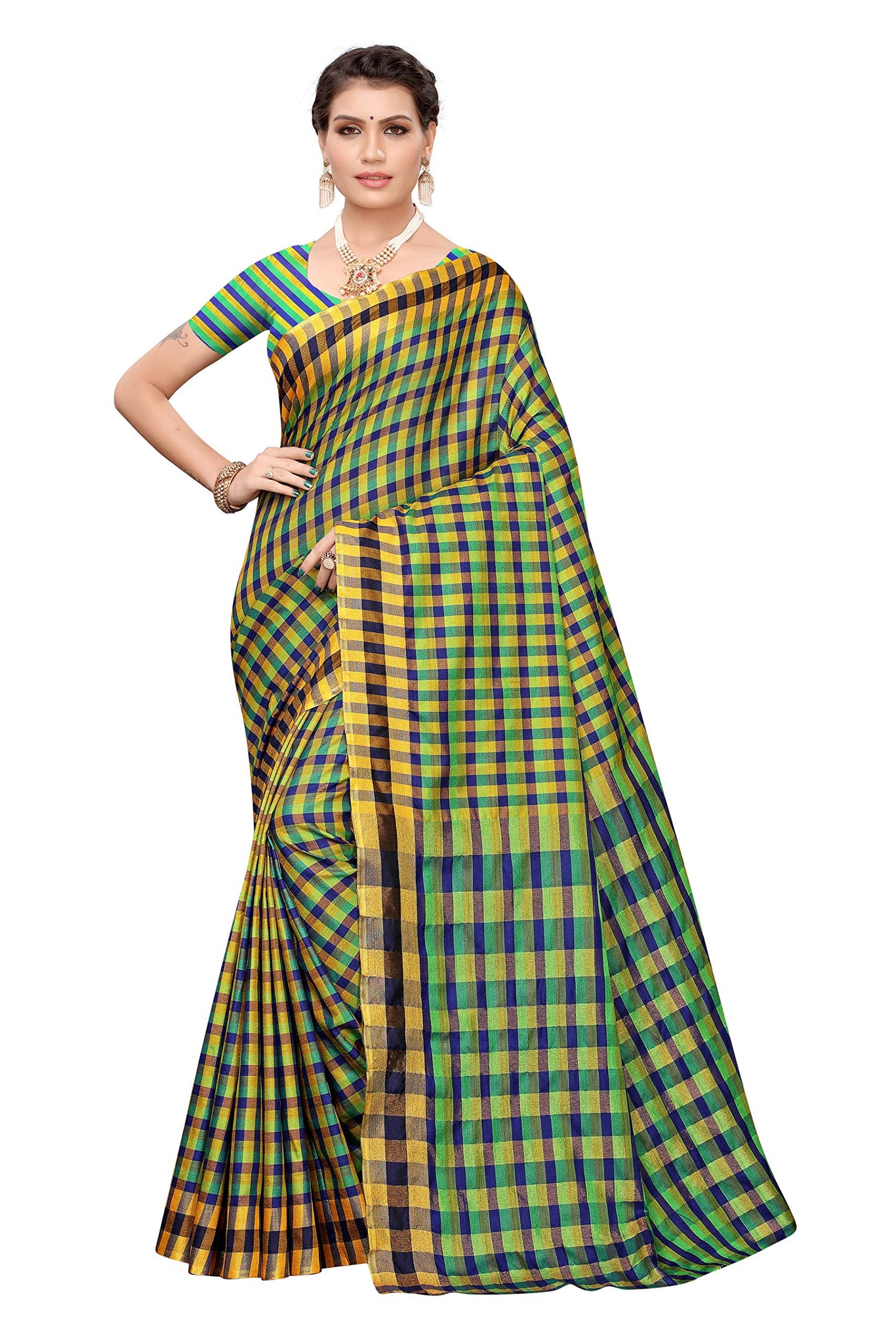 Gosriki Women'S Multicolor Cotton Blend Checks Print Saree With Blouse Piece(Stuti 12_Free Size),Multicolour,,B07WJVWKD6