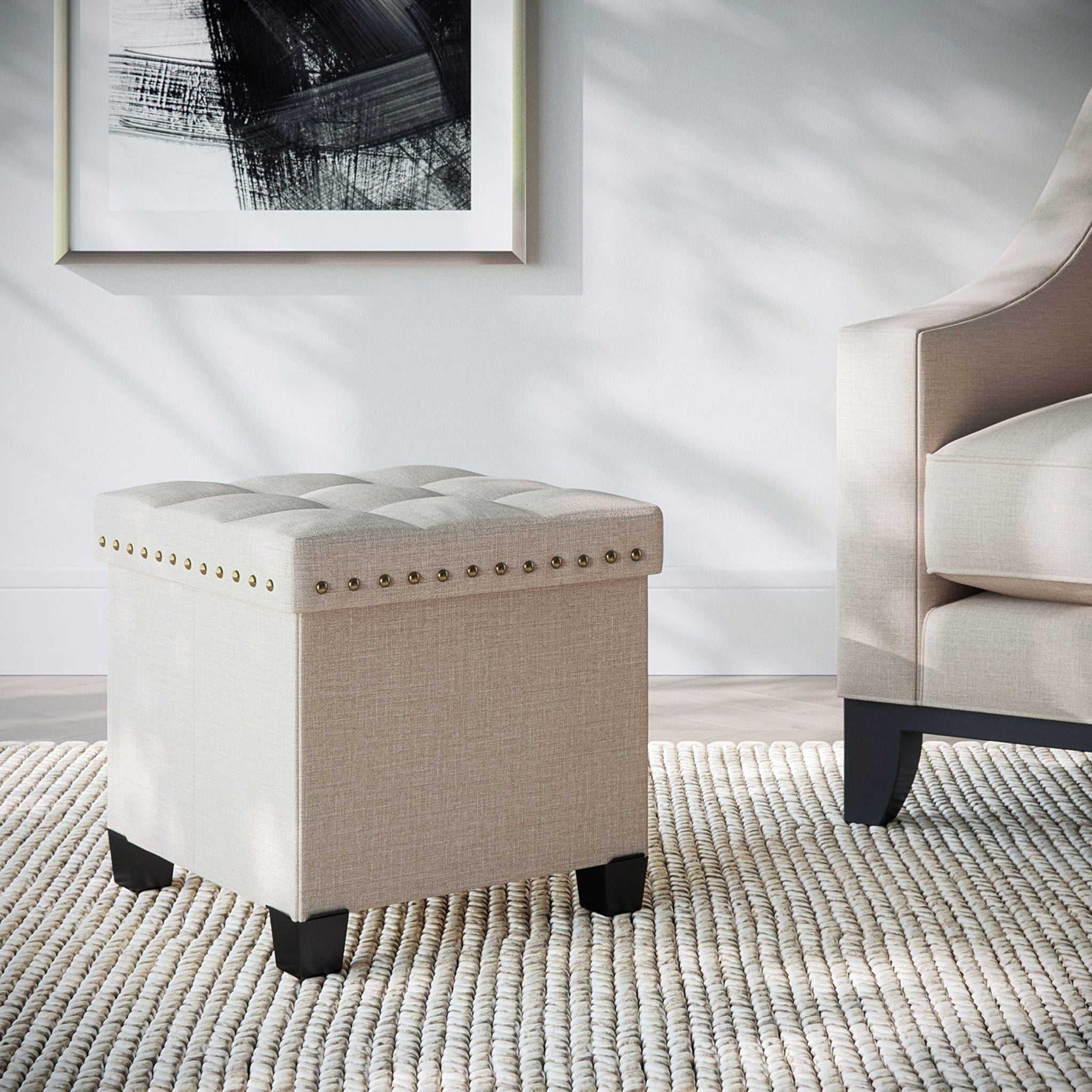Nathan James 71103 Payton Foldable Storage Ottoman Footrest And Seat Cube, Beige