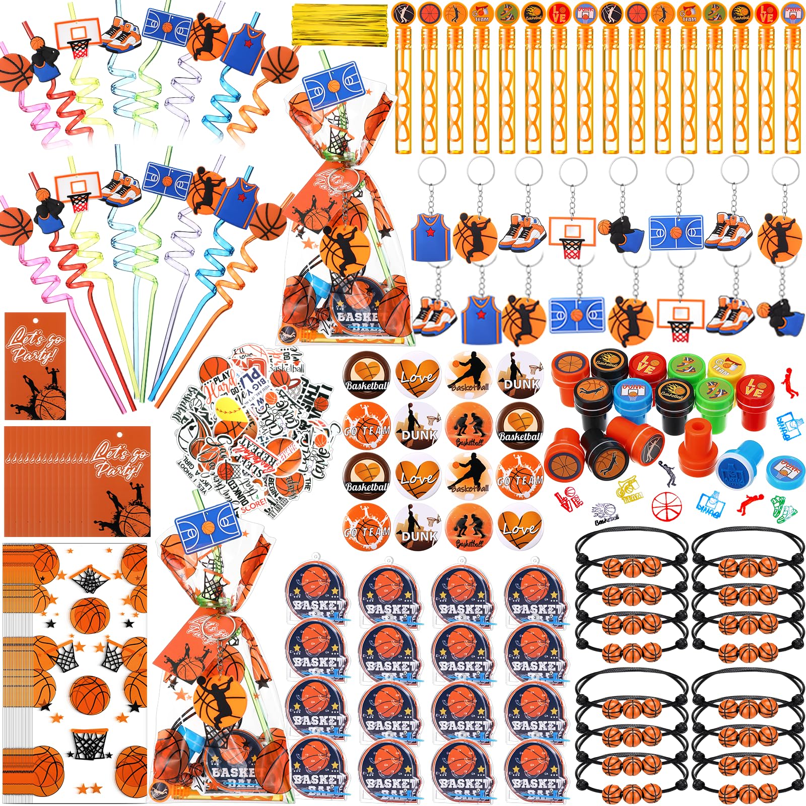 Saypacck 293 Pcs Basketball Party Favors with Bracelets Mini Pinball Mini Bubble Wands Straws Keychains Badges Stickers Stamps G