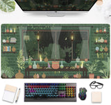 Cute Rainy Night Desk Mat Green Plants Desk Pad, Anime Black Cat Kawaii Large Gaming Mouse Pad, Moonlight Fireflies Deskmat Aest