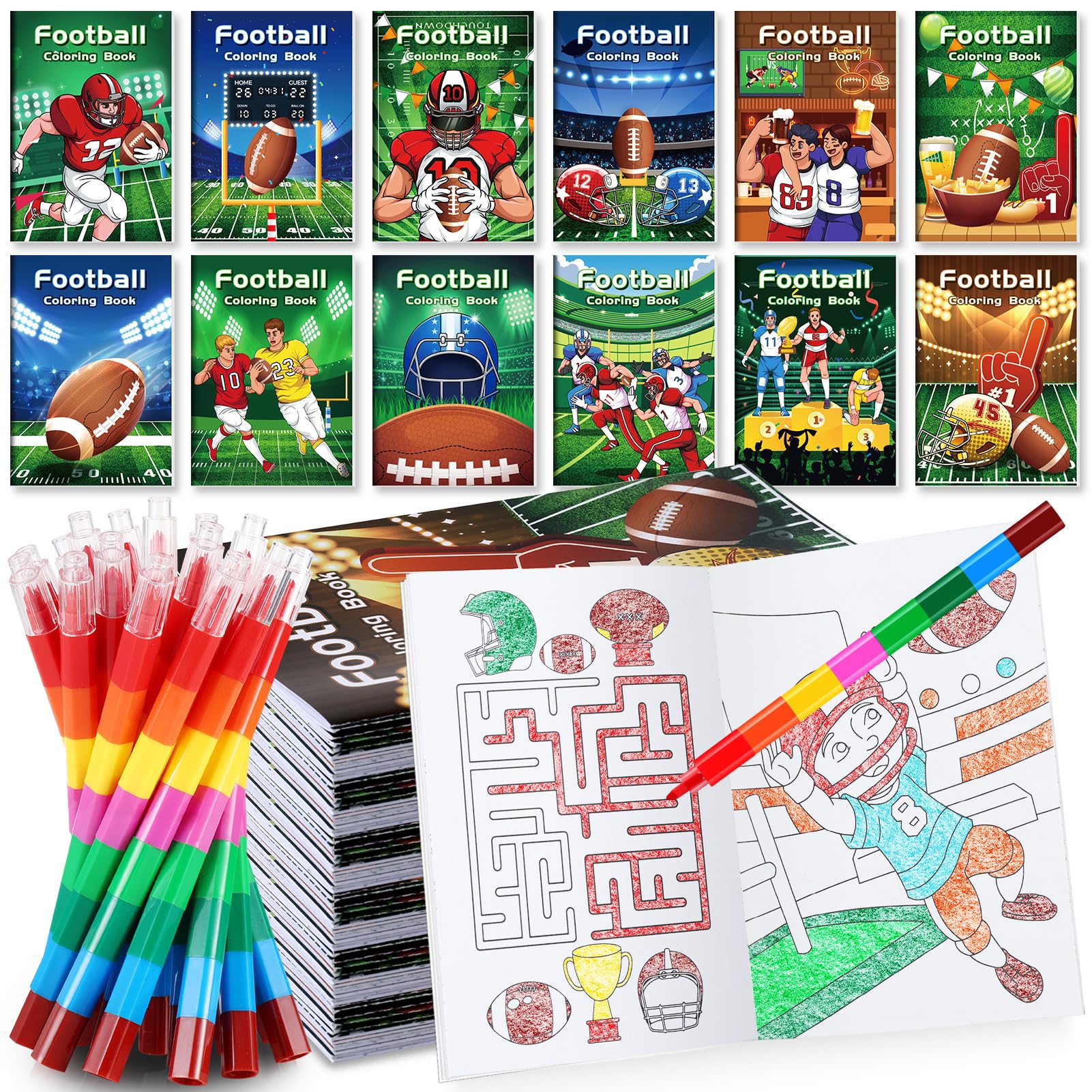 BenLouis 12 Football Mini Coloring Books Kids with 12 Stacking Crayons Sports Football Theme Party Favors Small Activity Books B