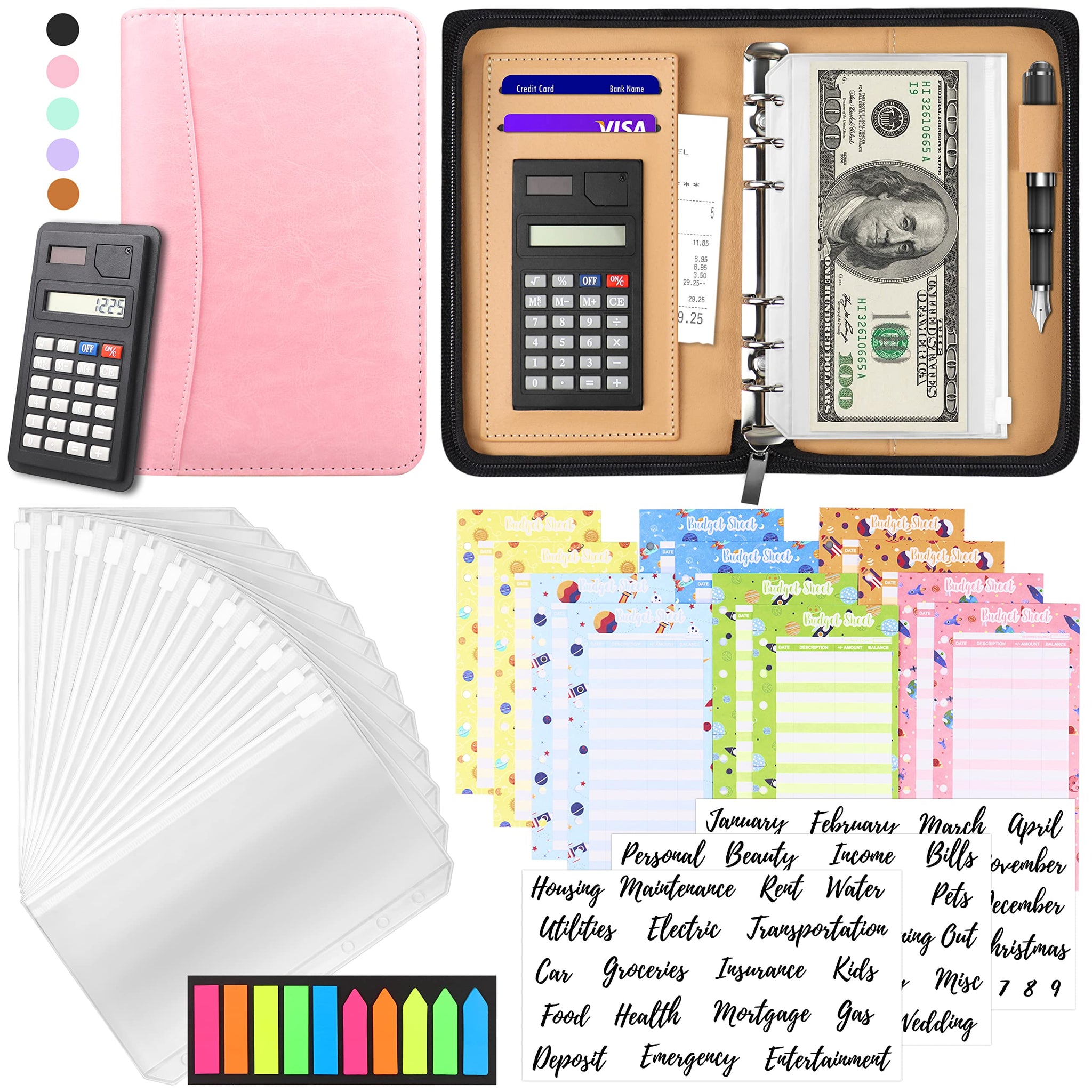 Budget Binder With Zipper Envelopes, Cash Envelopes For Budgeting, A6 Pu Leather Budget Planner 2023 With Cash Envelopes Calcula