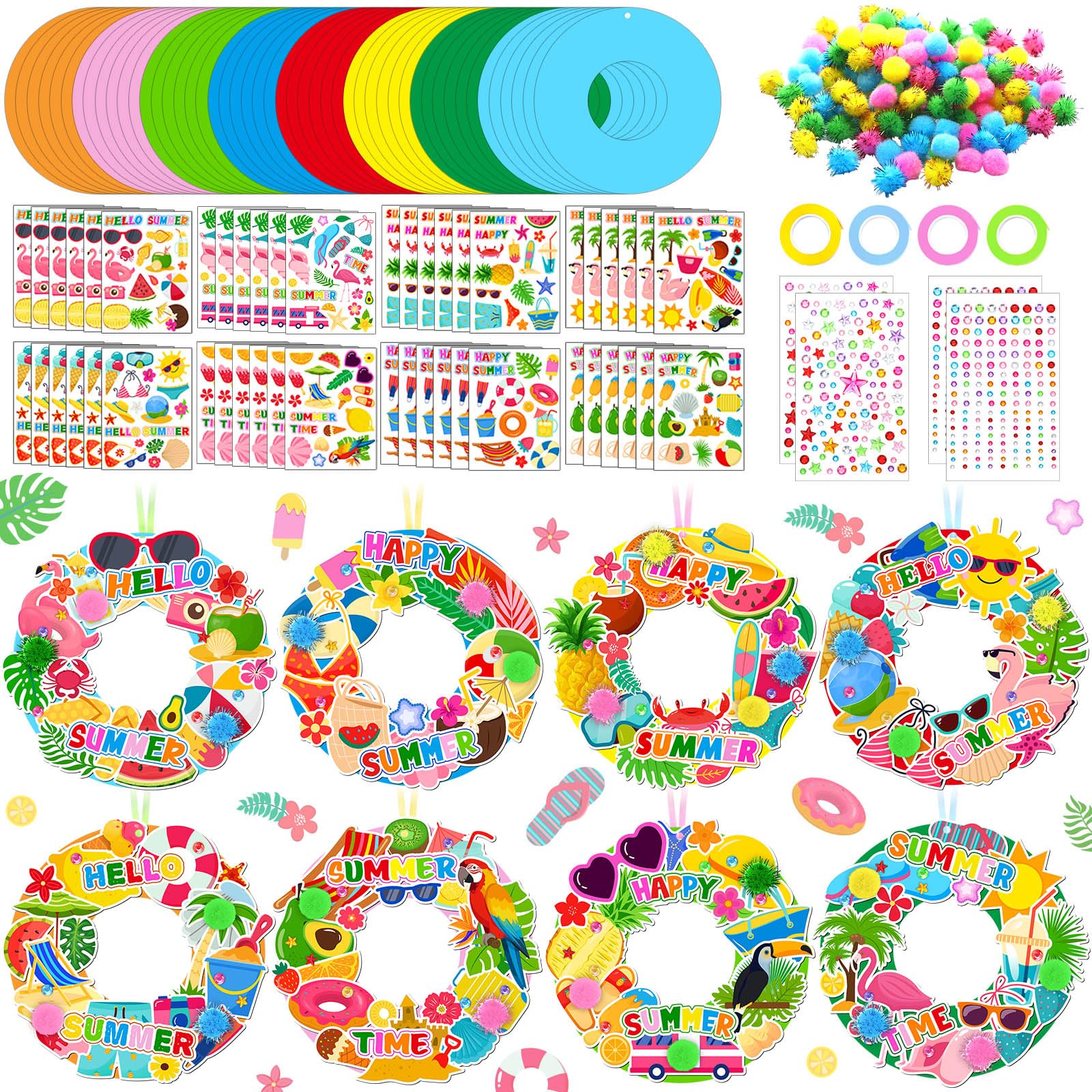 Hollowfly 48 Sets Summer Wreath Craft Kits Hello Summer DIY Hanging Ornaments Luau Decor Make Your Own Hawaiian Paper Craft with