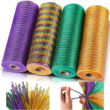 4 Rolls Mardi Gras Poly Mesh Wreath Making Ribbon Supplies 10 Inch x 30 Feet Metallic Poly Mesh Decor and 100 Pieces Wreath Tube