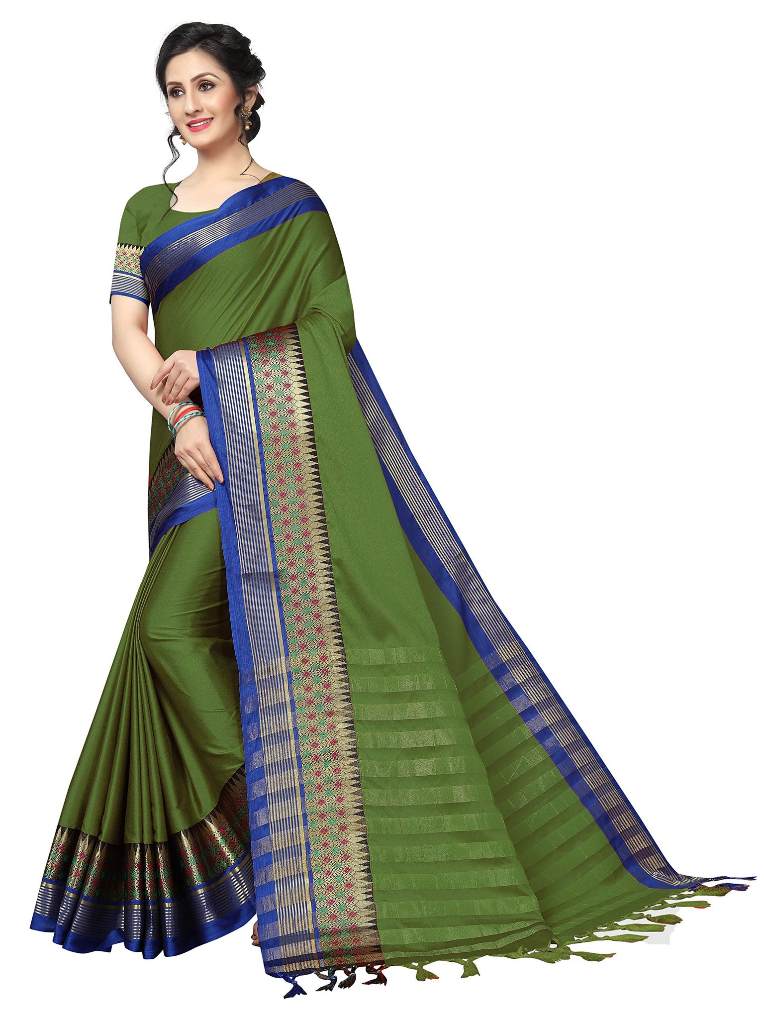 Gosriki Women'S Green Color Cotton Silk Blend Zari Work Saree Border Tassels With Blouse Piece (Meenakari Green_Free Size),Green,,B07P964H69