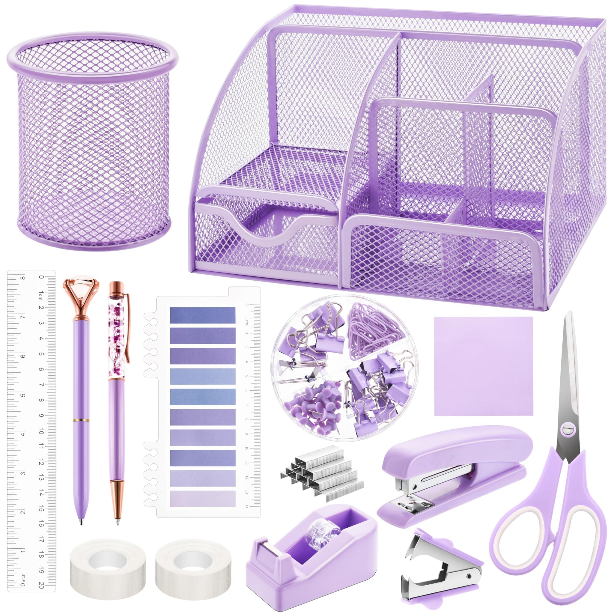 15 Pcs Purple Office Supplies Set Mesh Desk Organizer Accessories Kit Include Stapler Tape Dispenser Staple Remover Clips Ruler 