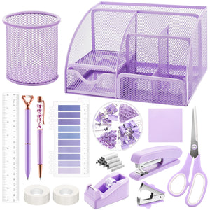 15 Pcs Purple Office Supplies Set Mesh Desk Organizer Accessories Kit Include Stapler Tape Dispenser Staple Remover Clips Ruler 