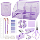 15 Pcs Purple Office Supplies Set Mesh Desk Organizer Accessories Kit Include Stapler Tape Dispenser Staple Remover Clips Ruler 