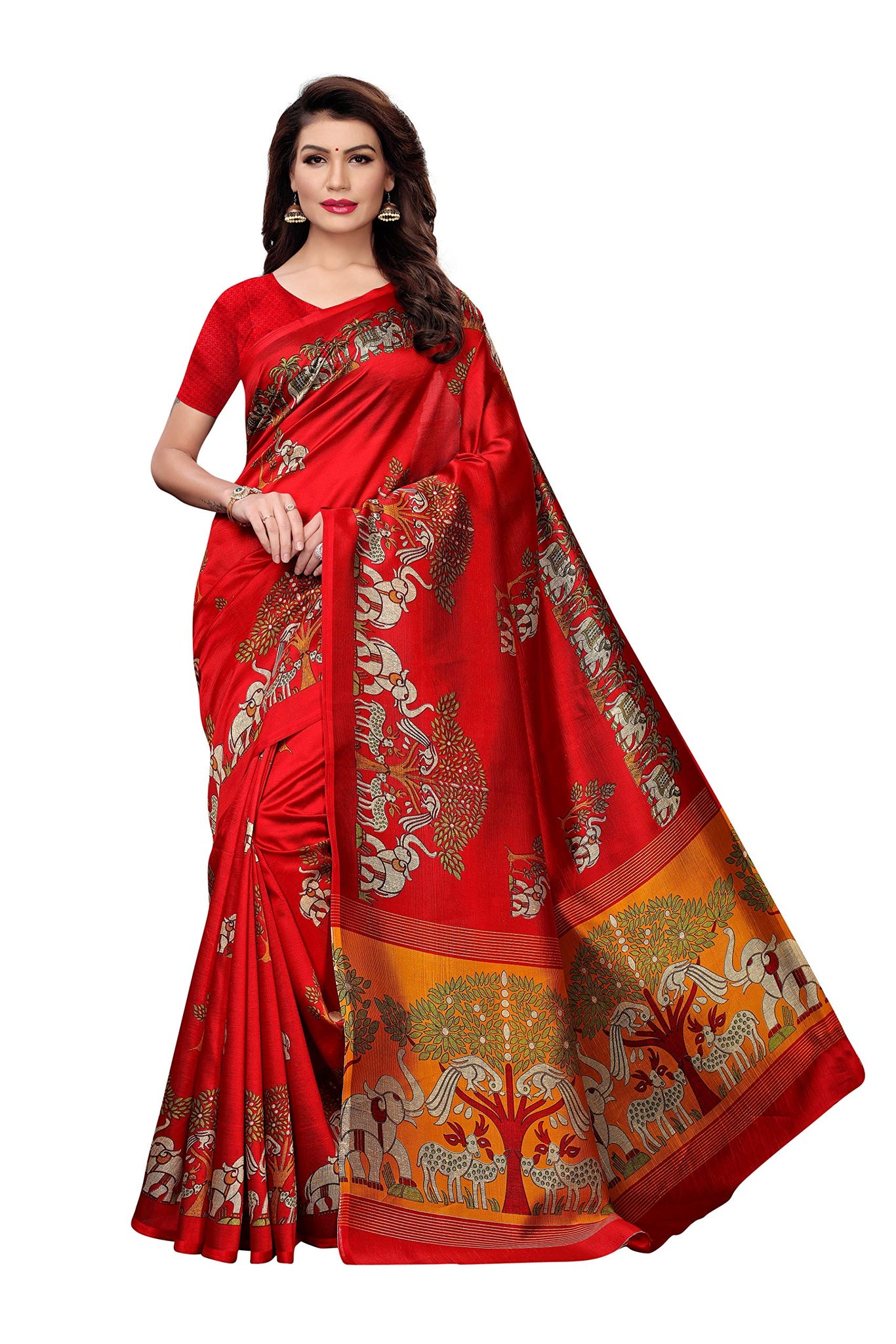 Anni Designer Women'S Red Color Kalamkari Silk Printed Saree With Blouse Piece(Jungal-Elephant-Red_Free Size),Red,Free Size
