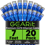 GearIT Cat 6 Ethernet Cable Pack - 20-Pack 7 ft Cat6 Ethernet Patch Cables | RJ45 Network Patch Cable, 10 Gbps Snagless Gold-Pla