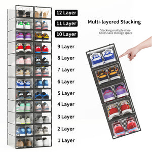 12 Pack Shoe Storage Bins, Clear Plastic Stackable Shoe Organizer for Closet, Space Saving Foldable Shoe Rack, Shoe Box Sneaker