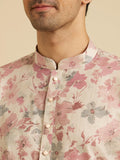 Manyavar Men'S Linen Blend Digital Floral Print Long Kurta (Pink,3Xl)