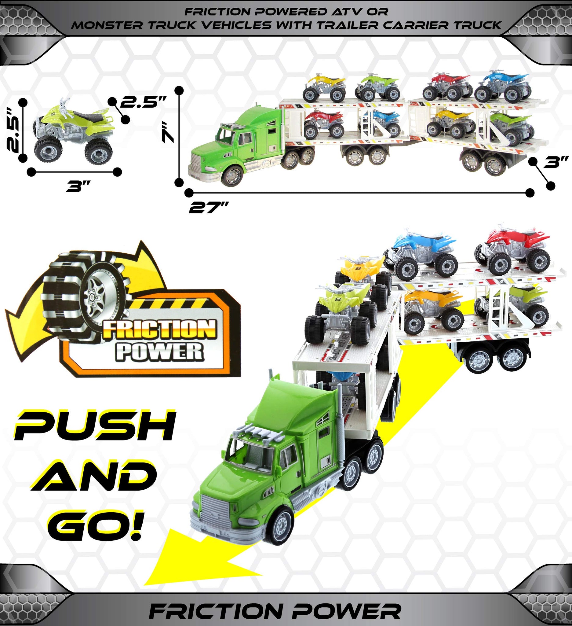 Mozlly Friction Powered ATV or Monster Truck Hauler Playset for Boys and Girls - Toy Car Carrier Truck Toy, Perfect ATV or Monst