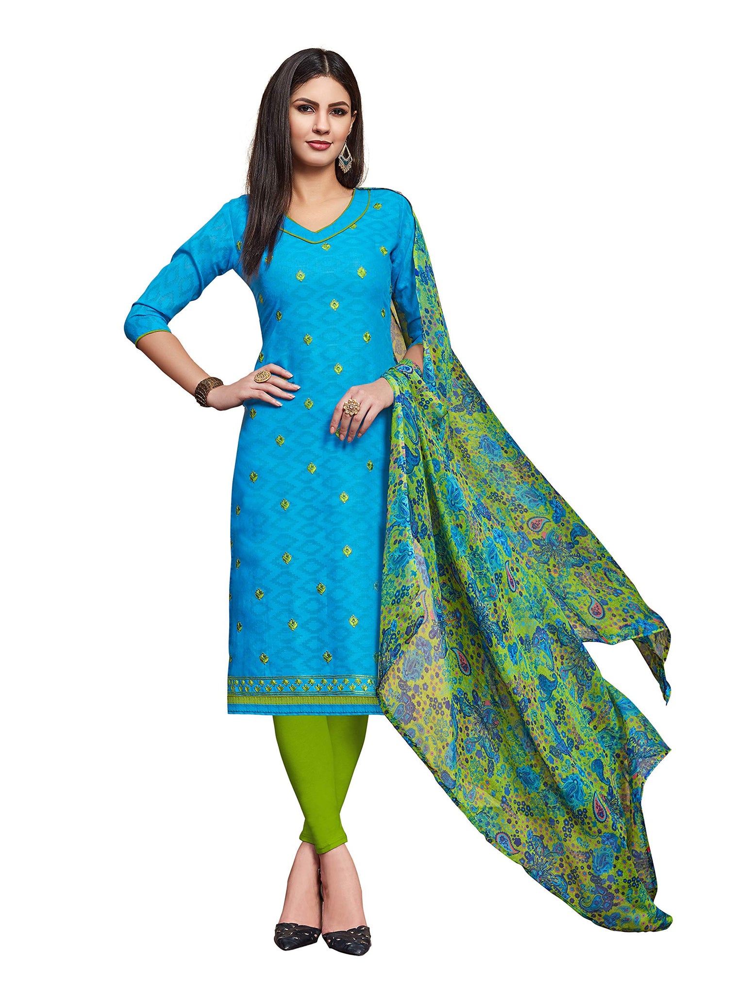 Anni Designer Women'S Sky Blue Color Cotton Blend Embroidered Printed Dupatta Churidar Dress Material(Divyanshi 2 2007 Gangour_Sky Blue_Free Size),Sky Blue,FS