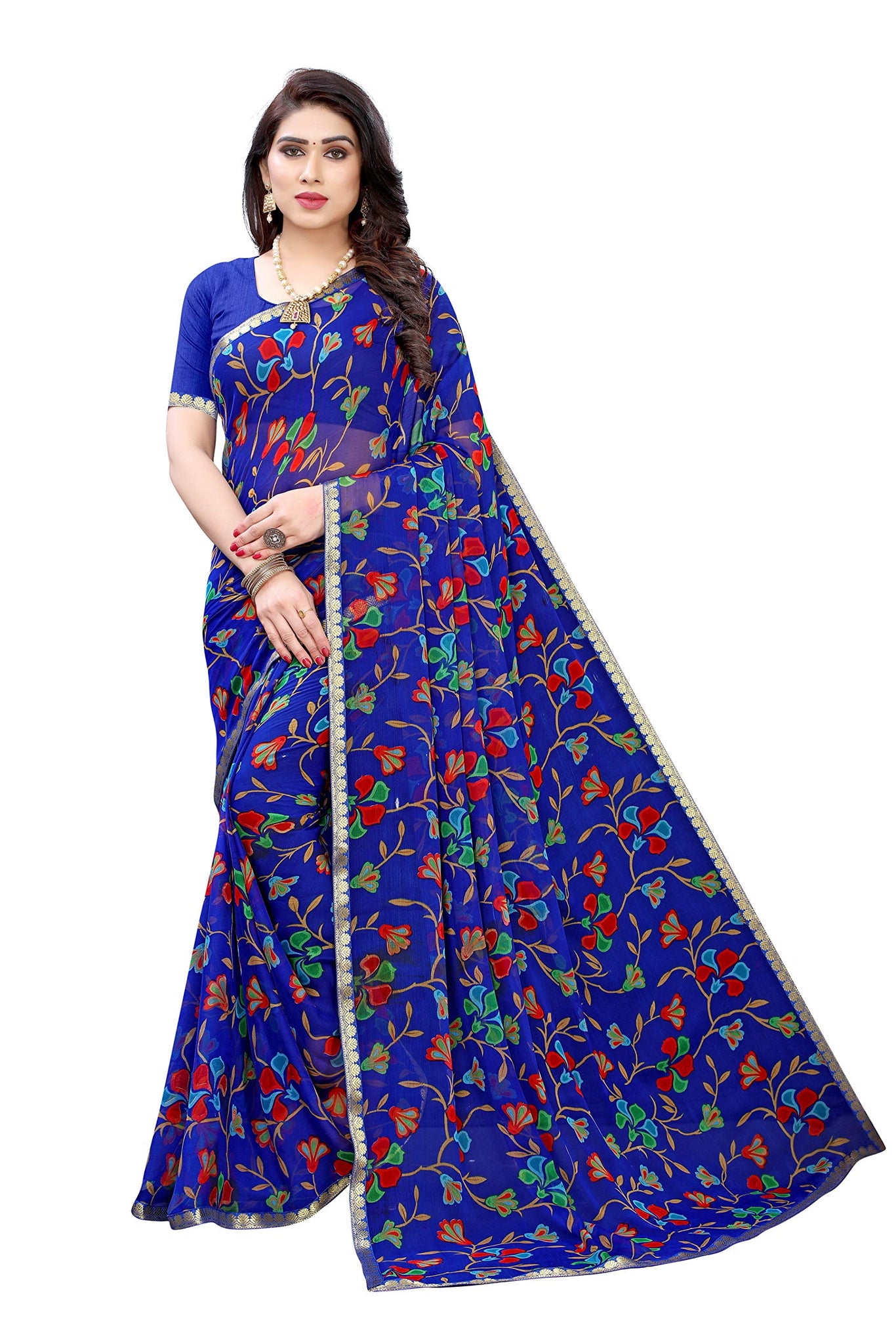 Anni Designer Women'S Pure Chiffon Saree With Blouse Piece (Ziva Sty_Dark Blue_Dark Blue),Dark Blue,Free