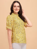 Wedani Women'S Casual Puff Sleeves Ruffled Collor Foral Top (Small Yellow),Yellow,S,Rayon,Regular,