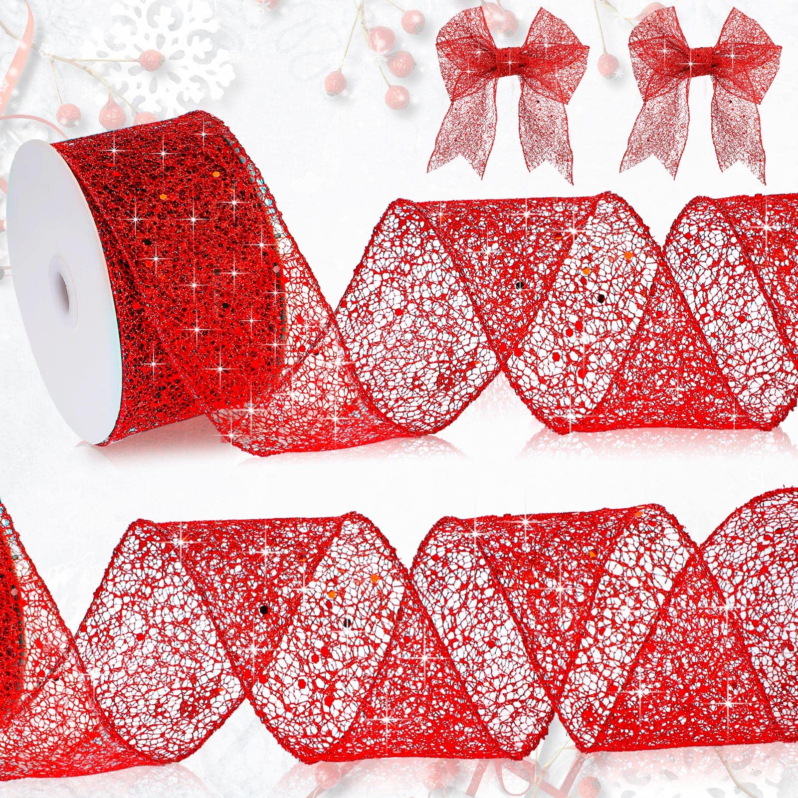 Geosar 1 Roll Red Mesh Glitter Ribbon 2.5 Inch x 20 Yard Christmas Glitter Sheer Metallic Wired Ribbon for Home Party Gift Wrapp
