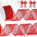 Geosar 1 Roll Red Mesh Glitter Ribbon 2.5 Inch x 20 Yard Christmas Glitter Sheer Metallic Wired Ribbon for Home Party Gift Wrapp