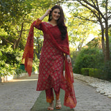 Gosriki Women'S Rayon Floral Printed Straight Kurta With Pants & Dupatta (Shank-Maroon_L-Gs_Maroon_Large),Maroon,,B0BPT7TKV5