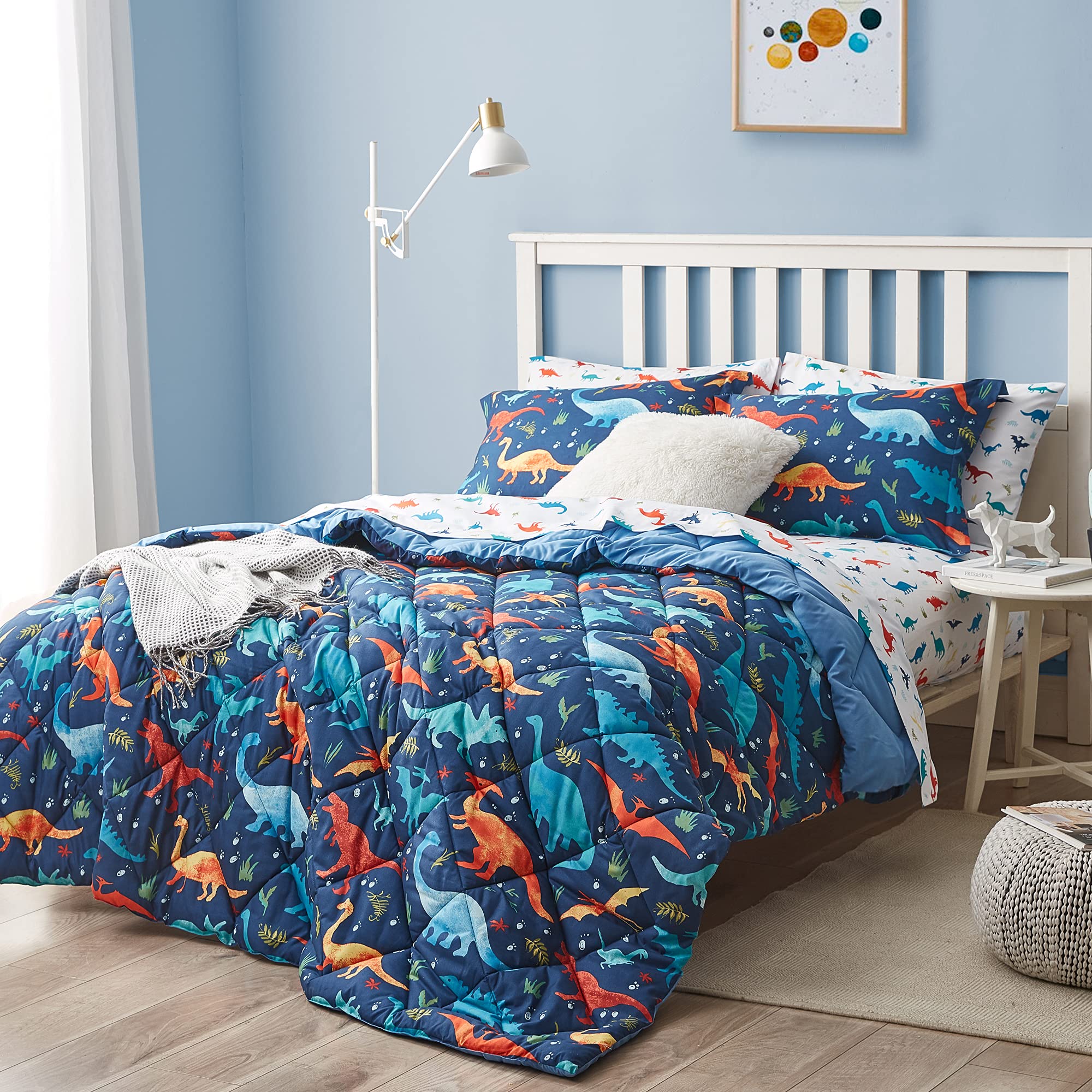 UMCHORD Kids Twin Bedding Comforter Set for Boys, 5 Pieces Soft Lightweight Dinosaur Bedding Twin Set with Sheets, Bed in a Bag,
