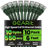 GearIT Cat 6 Ethernet Cable (10-Pack 6 Feet) Cat6 Network Patch, 10Gbps, RJ45, Snagless Cord, Gold-Plated Connectors, Internet f