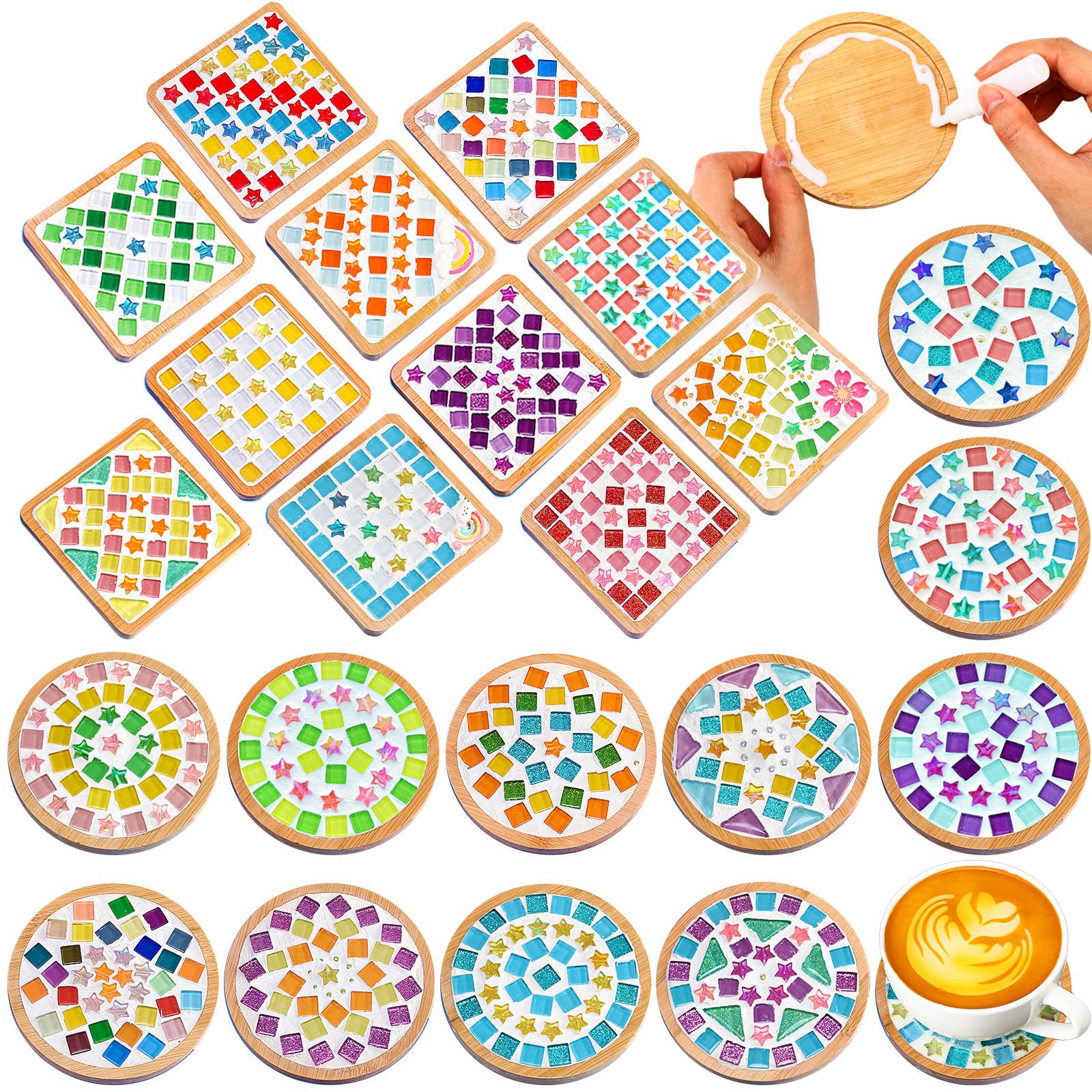 Reallnaive 22 Sets Christmas DIY Mosaic Tiles for Crafts Mixed Color Glass Mosaic Kits Xmas DIY Coasters Kit Make Your Own Stain