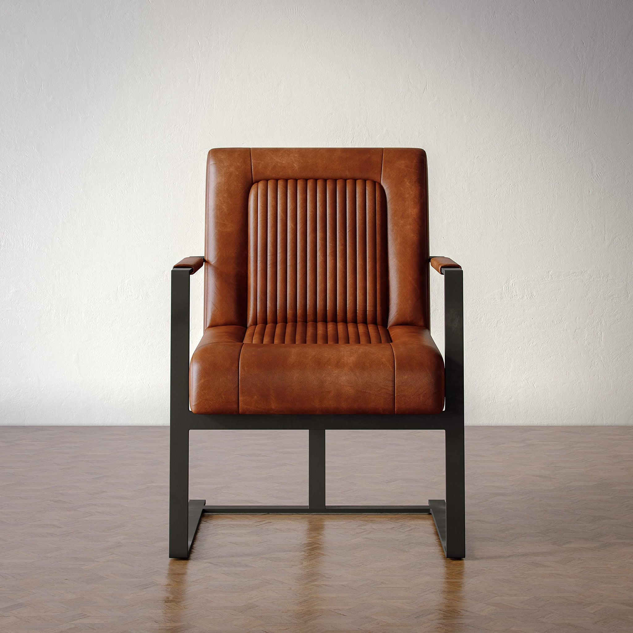Jofran Maguire Mid-Century Modern Genuine Leather Upholstered Sled Accent Chair, Saddle