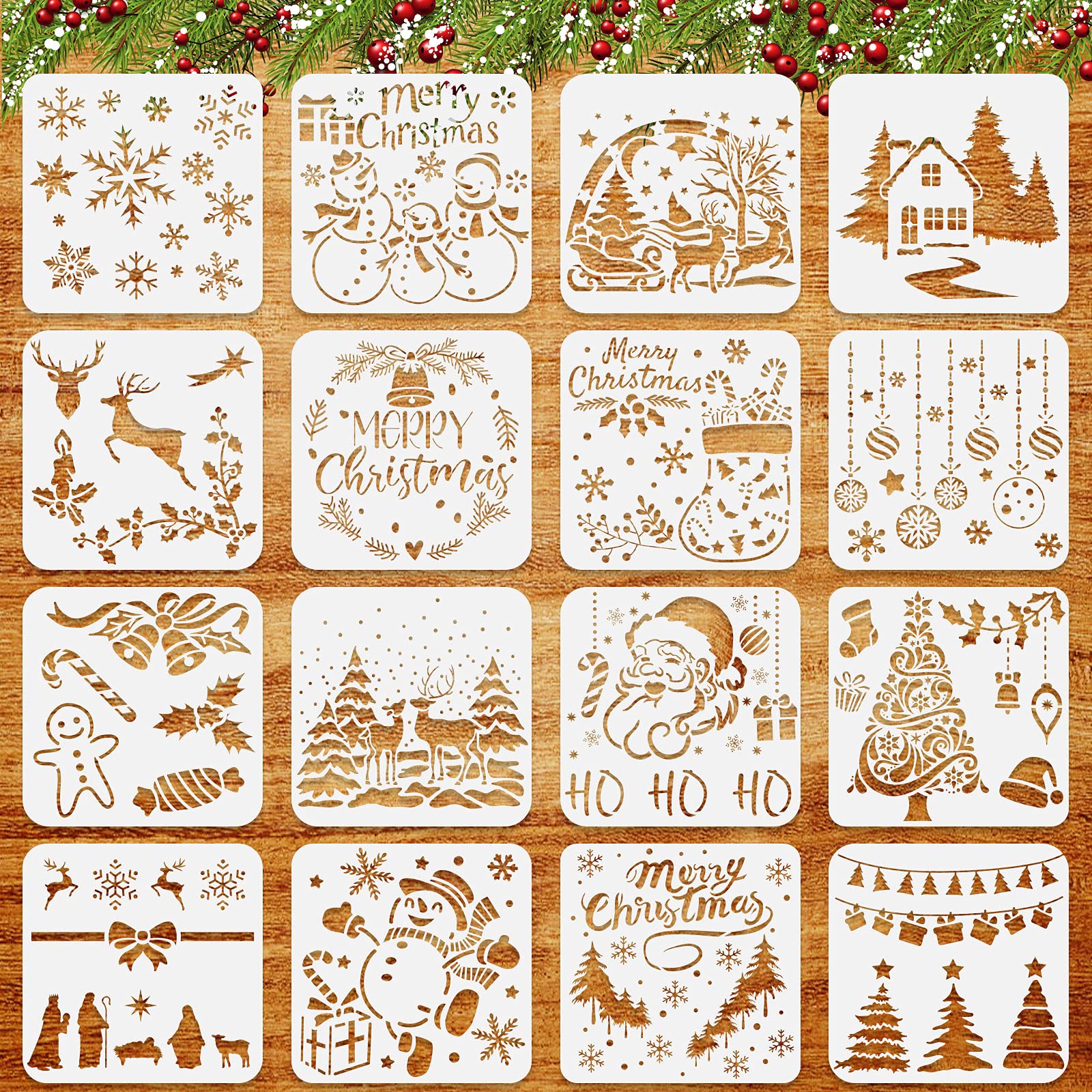 16 Pcs Christmas Stencils for Painting 5x5 Inches-Reusable Christmas Stencils for Painting on Christmas Cards or Ornaments DIY P
