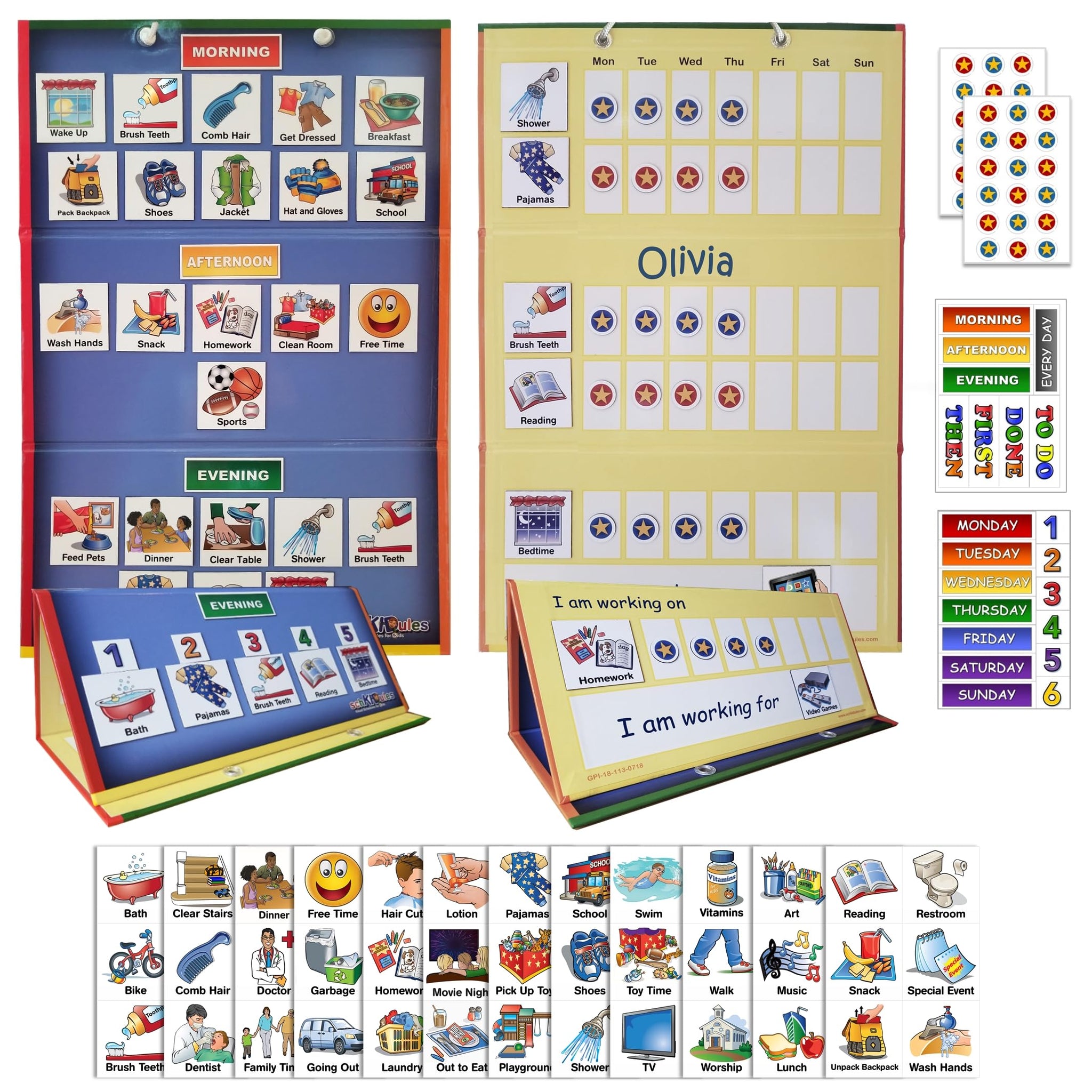 SchKIDules Home-Themed Magnetic Visual Schedule & Reward Chart w/129 Colorful Magnets & 2-Sided 18Folding Board; for Daily R