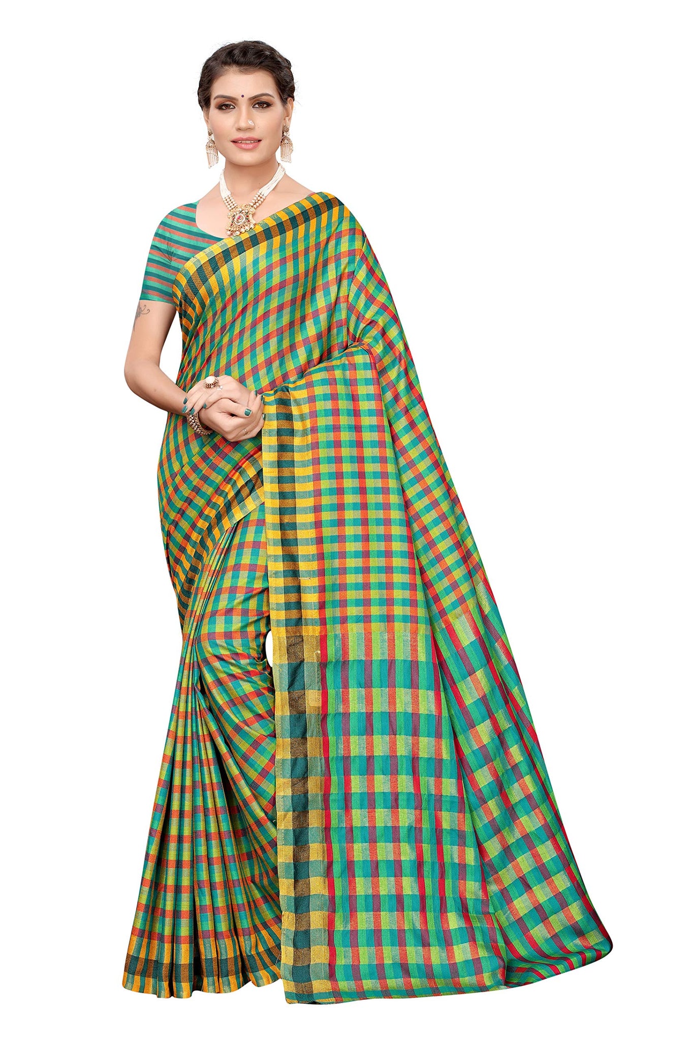 Anni Designer Women'S Multicolor Cotton Blend Checks Print Saree With Blouse Piece(Stuti 22_Free Size),Multicolour,Fs