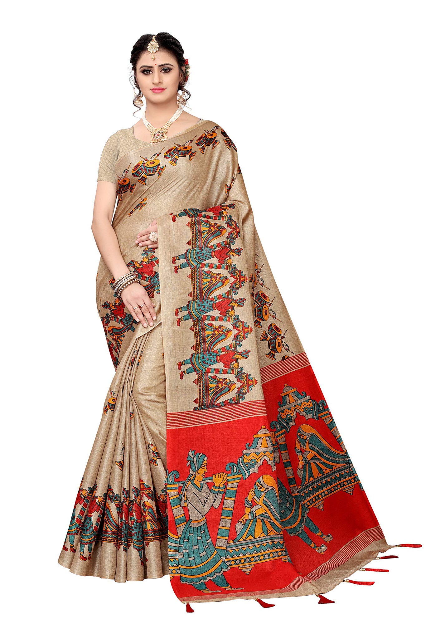 Gosriki Women'S Chiku Color Khadi Silk Printed Saree Border Tassels With Blouse Piece(Marriage Doli-Chiku-Latkan_Free Size),Chiku,,B07SHGYQCQ