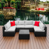Nestl Patio Furniture Set 7 Piece Outdoor Conversation Set with Black Wicker Sectional and Off White Cushions