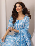 Libas Womens Printed Cotton Straight Kurta With Trousers And Dupatta Blue M 400155O