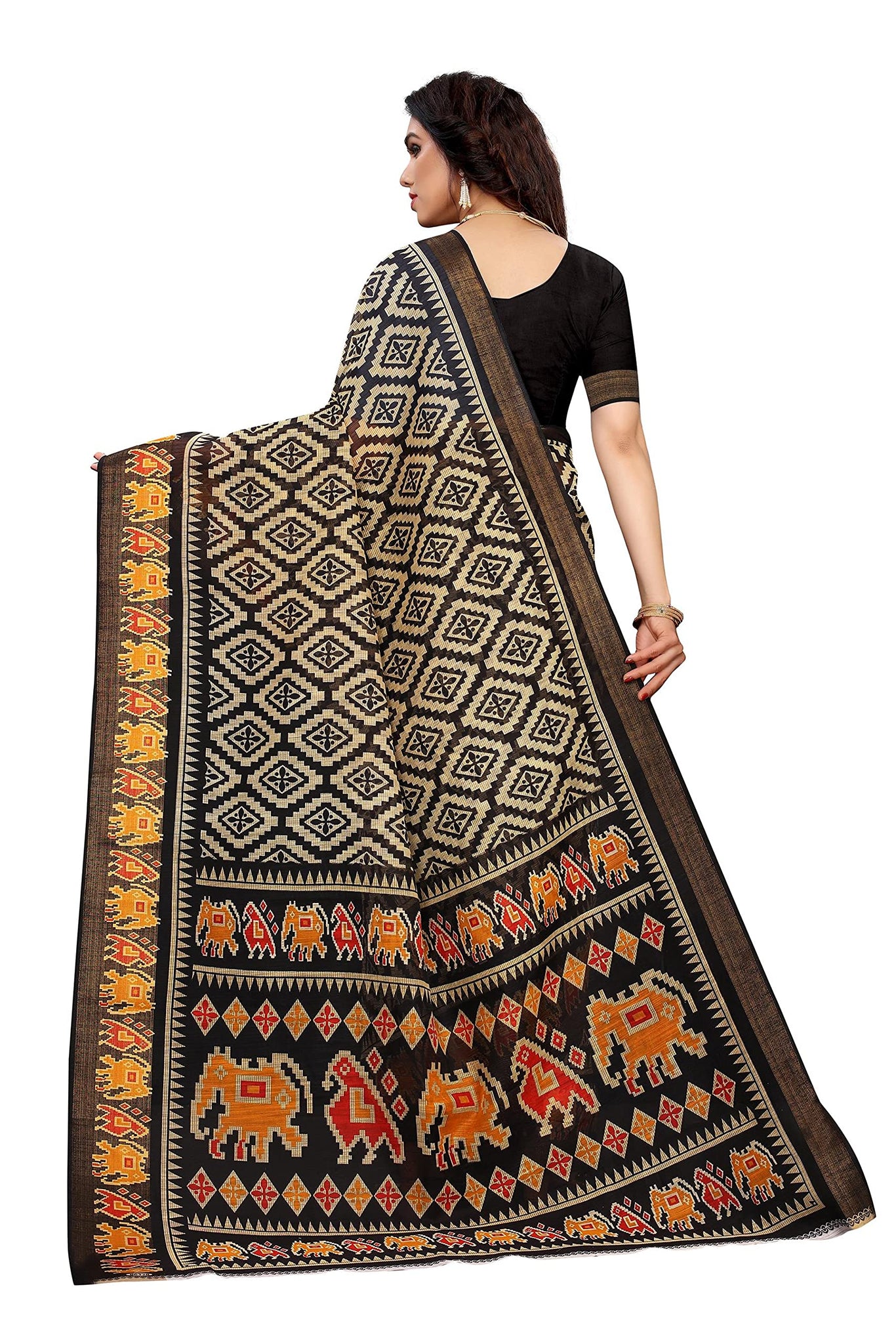 Anni Designer Women'S Linen Cotton Kalamkari Printed Saree With Blouse Piece (Lasya Black_Black),Black,Free,Linen Cotton,with Blouse Piece,With Blouse Piece