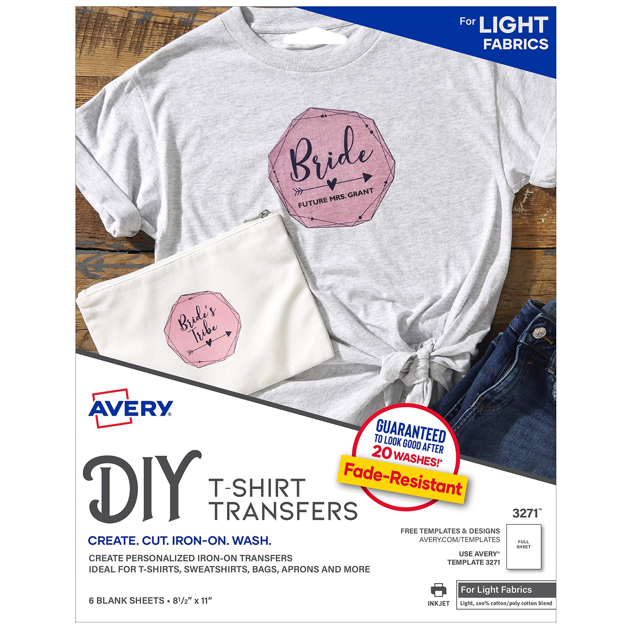 Avery 3271 Light Fabric Transfers, Matte, 8-1/2 X 11 Inch, 6 Transfers