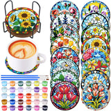Reallnaive 16 Pcs Flower Paint by Numbers Kit for Adults Floral Spring Coasters with Holder Mini Paint by Numbers Kits Round Oil