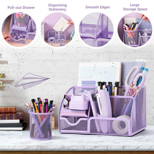 15 Pcs Purple Office Supplies Set Mesh Desk Organizer Accessories Kit Include Stapler Tape Dispenser Staple Remover Clips Ruler