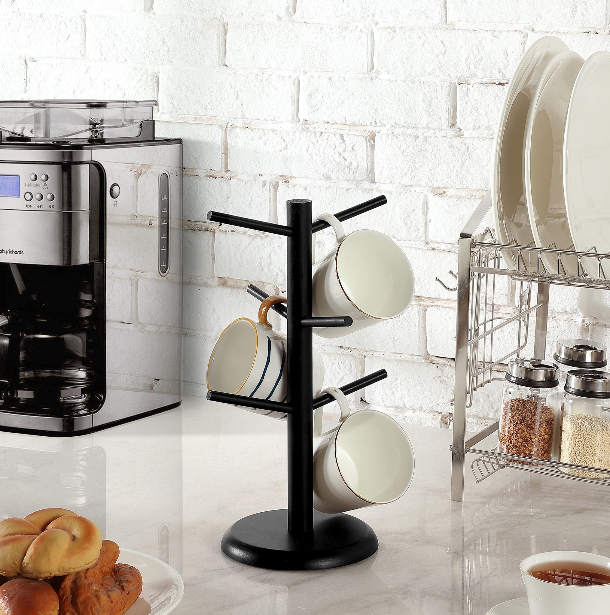 Dorhors Mug Tree,Mug Hanger Stand,Coffee Cup Holder with 6 Hooks,Wood Coffee Mug Holder for Counter,Coffee Bar Accessories and D