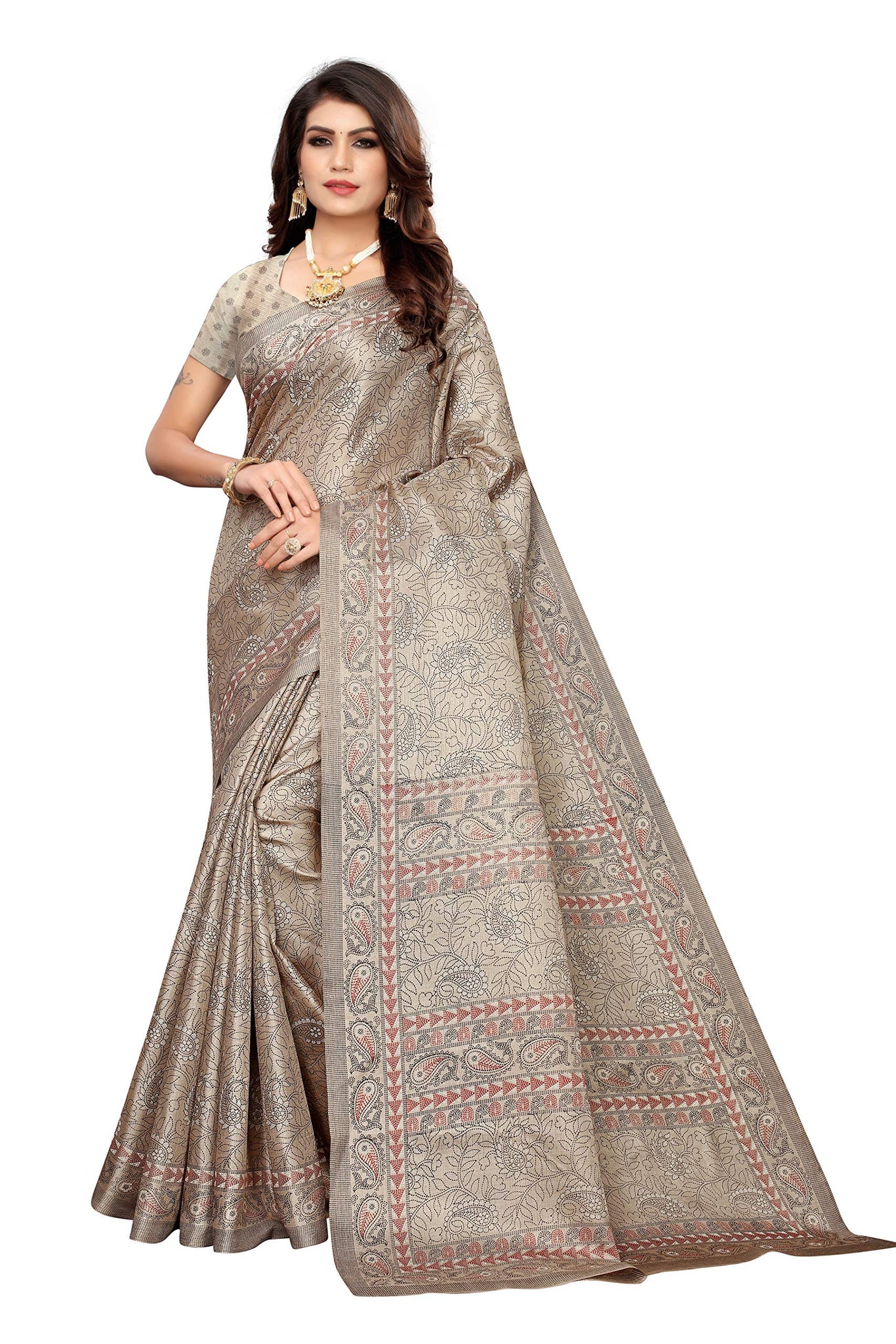 Gosriki Women'S Grey Color Khadi Silk Printed Saree With Blouse Piece(Praksha-Grey_Free Size),Grey,,B0821CWVKC